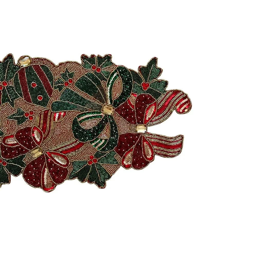 Nicole Miller Beaded Poinsettia Bow Table Runner 13x34 Pink Red Green New
